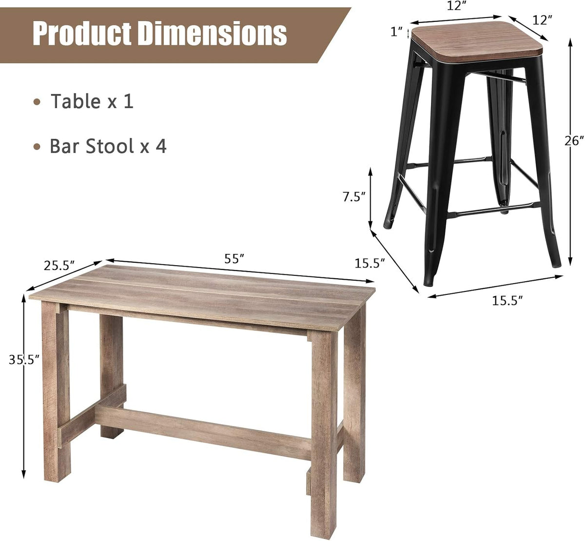 5 Pcs Industrial Counter Height Dining Table Set with 4 Metal Backless Barstools H85585