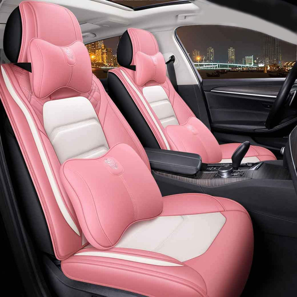 Pink White Leather Car Seat Covers 5 Seats Full Set U599