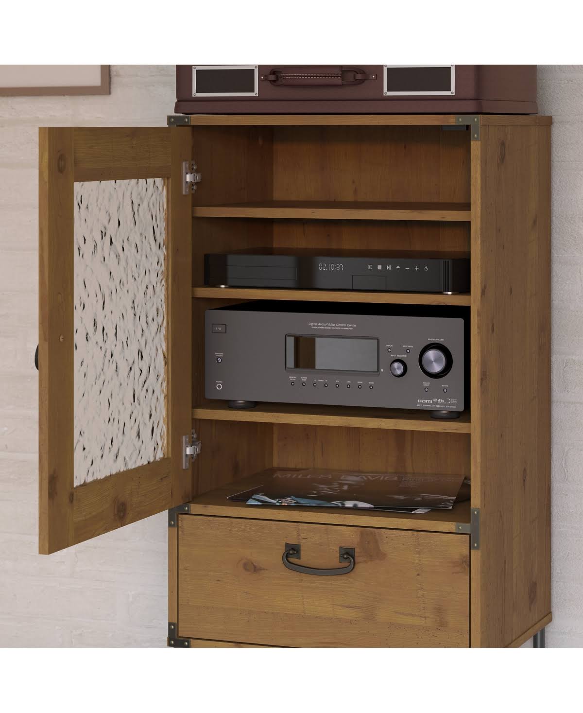Vintage Golden Pine Audio Storage Cabinet Q93877