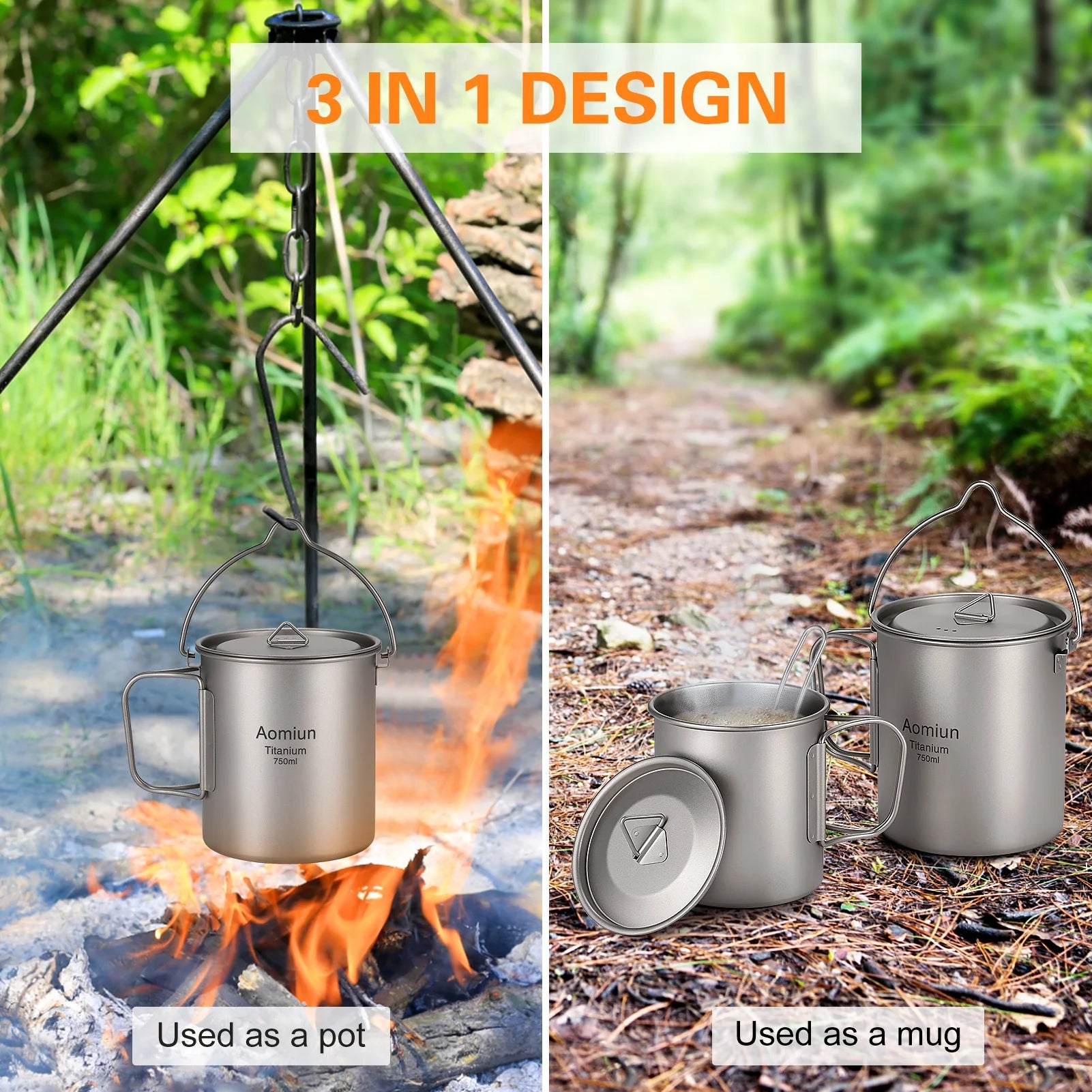 Ultralight 750ml Titanium Pot with Lid and Foldable Handle N821