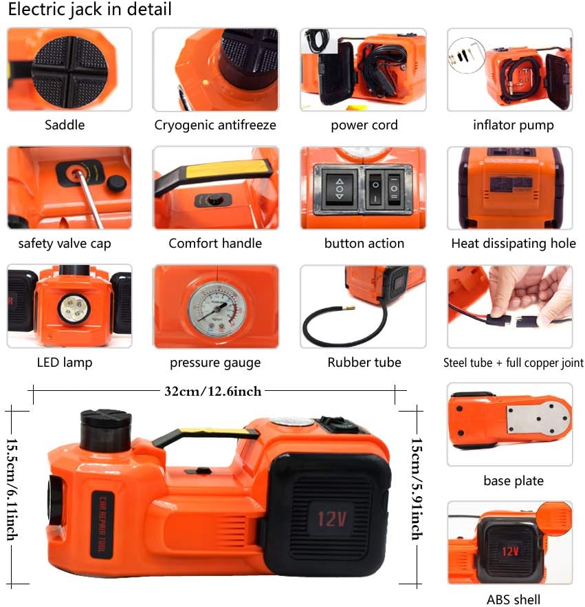 12V DC Electric Hydraulic Floor Jack and Tire Inflator Pump and LED Flashlight 3 in 1 Set with Electric Impact Wrench Car Repair Tool Kit L674801