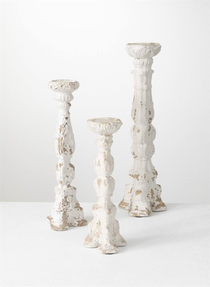 Worn White Pillar Candlesticks, Set of 3 C954