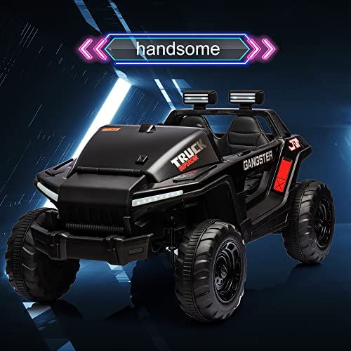 24V Electric Kid Car, 2-Seater Leather Seat Ride on Truck with Bluetooth Music USB, 4-wheel Shock Absorb (Black) E848476