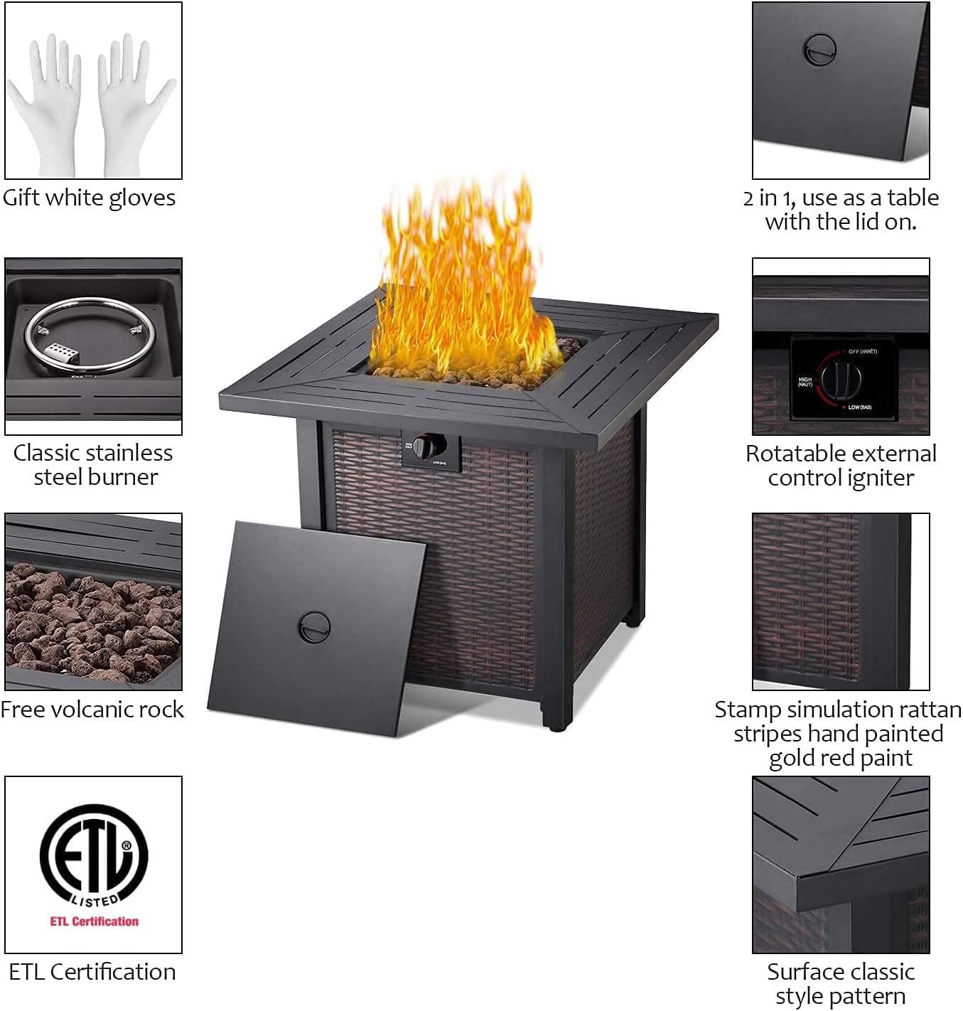 28 Inch 50,000 BTU Square Propane Fire Pit Table with Lid and Lava Stone N114