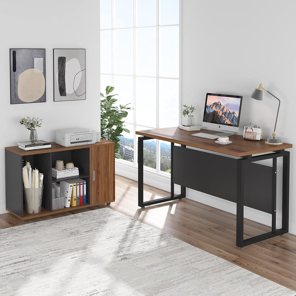 Dark Walnut Steel Gray L Shaped Desk with Storage Shelves and File Cabinet X432