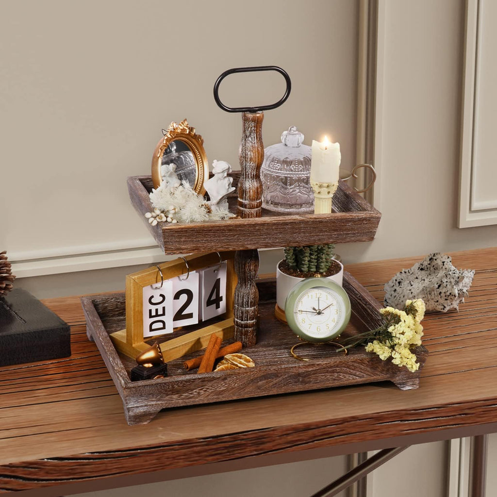 Square Wooden 2 Tier Serving Tray Stand K363806