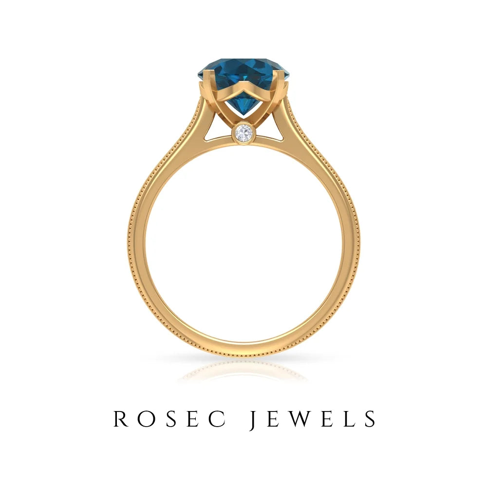 London Blue Topaz Ring with Surprise Diamond - 8 mm - 2 CT, 14K Yellow Gold, US 4.00 G72412