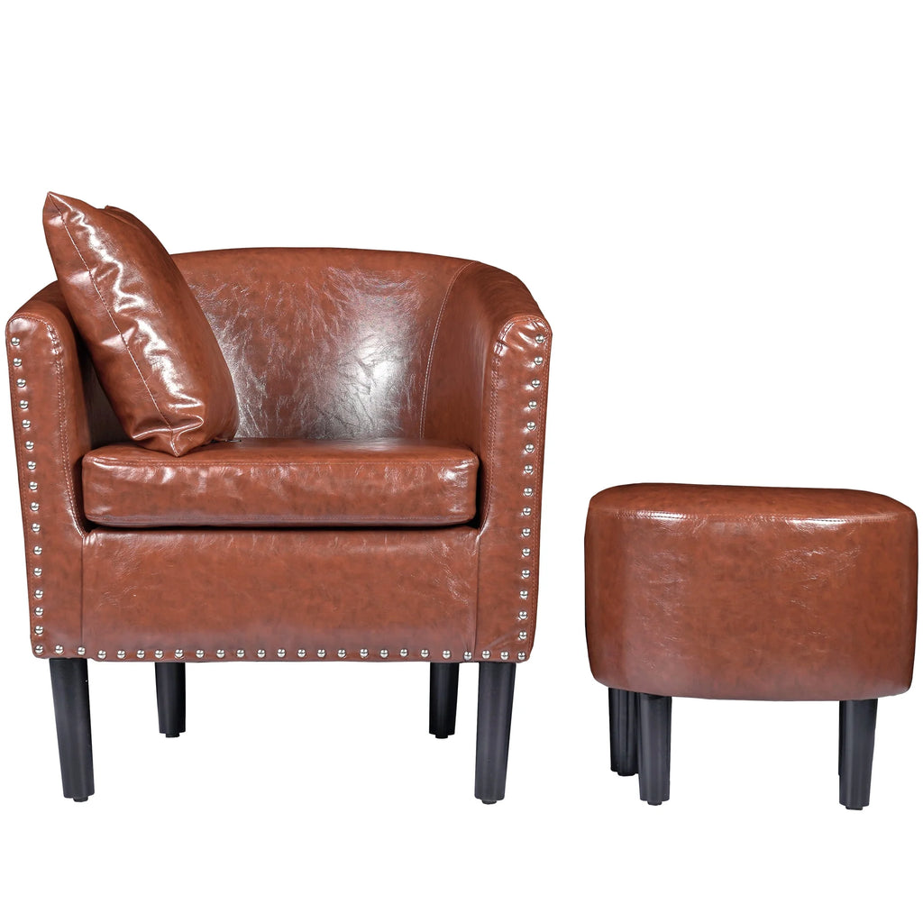 Brown Faux Leather Club Chair with Ottoman and 1 Pillow T417577