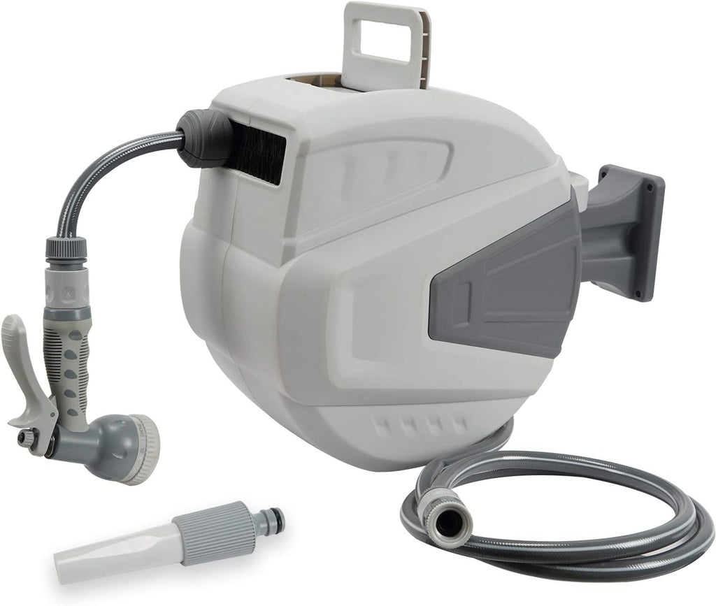 White Wall Mounted Retractable Garden Hose Reel with 9-Function Sprayer Nozzle N111456