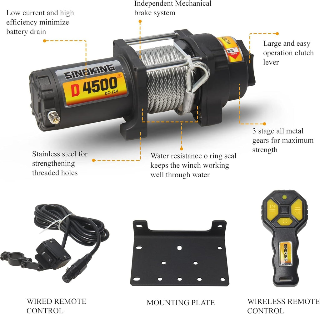 4500lb 12V UTV/ATV Winch with Rope, Wired and Wireless Control P96641