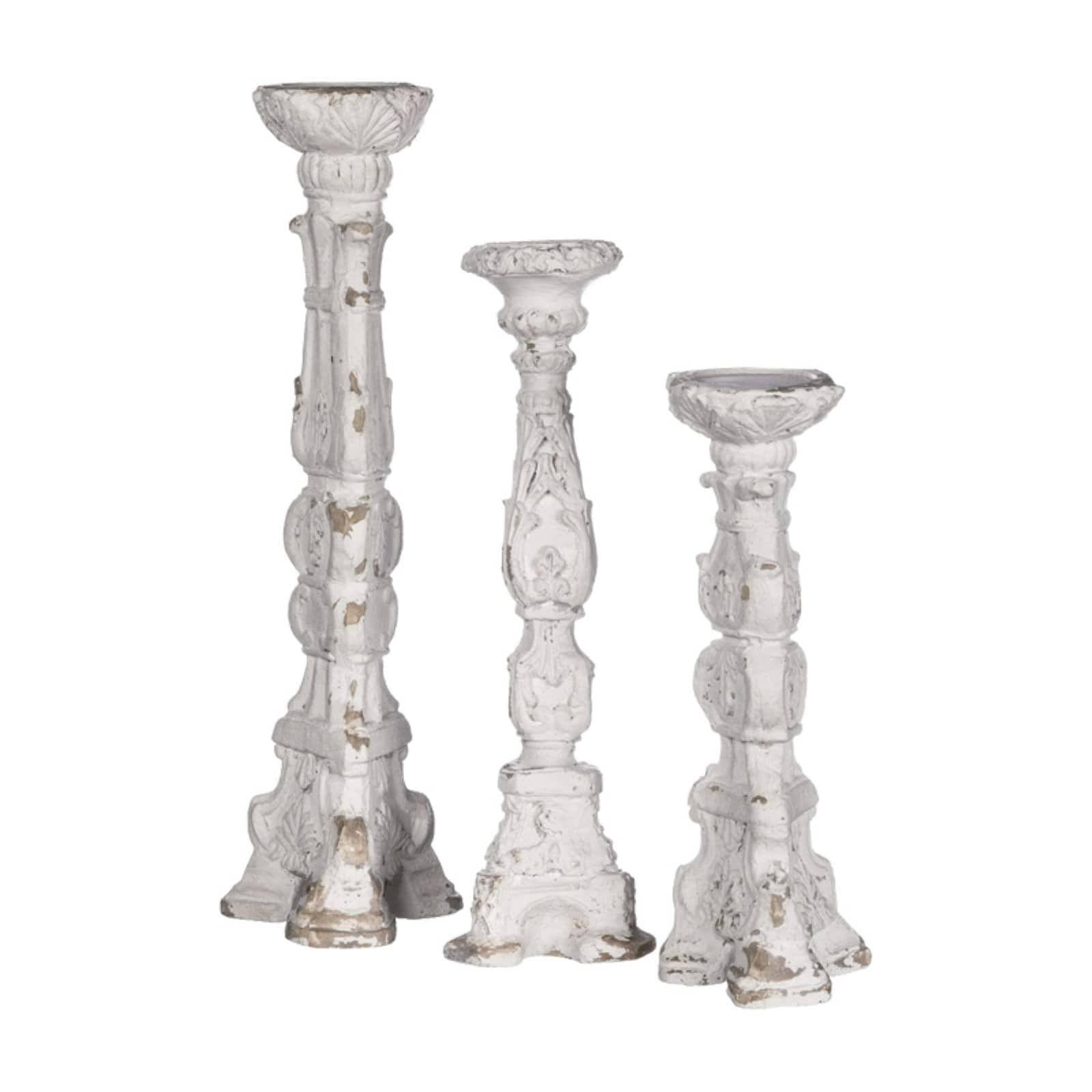 Worn White Pillar Candlesticks, Set of 3 C954