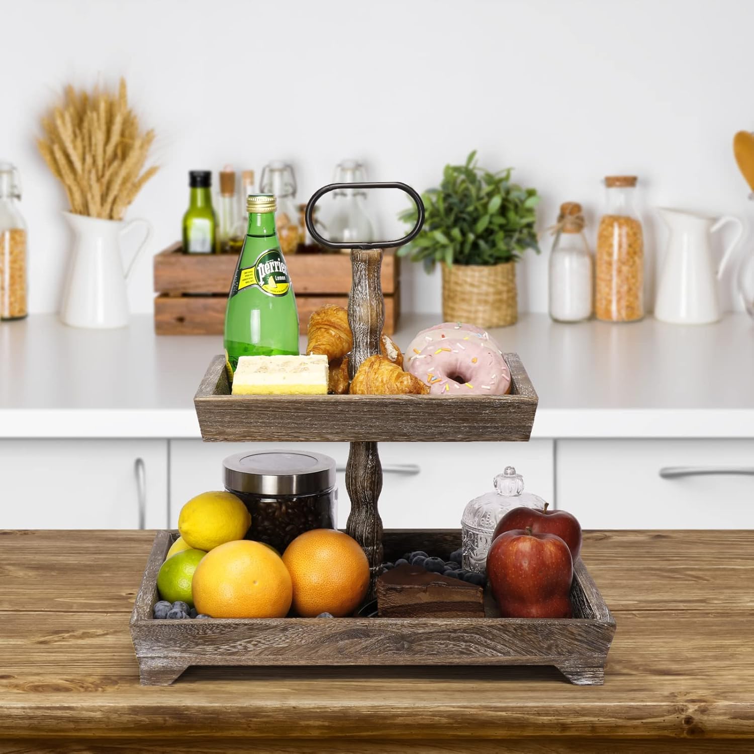Square Wooden 2 Tier Serving Tray Stand K363806