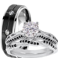3 Piece Sterling Silver Black Wedding Band Engagement Ring Set N412