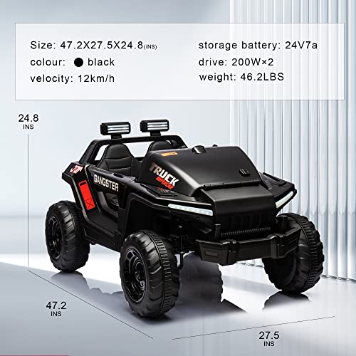 24V Electric Kid Car, 2-Seater Leather Seat Ride on Truck with Bluetooth Music USB, 4-wheel Shock Absorb (Black) E848476