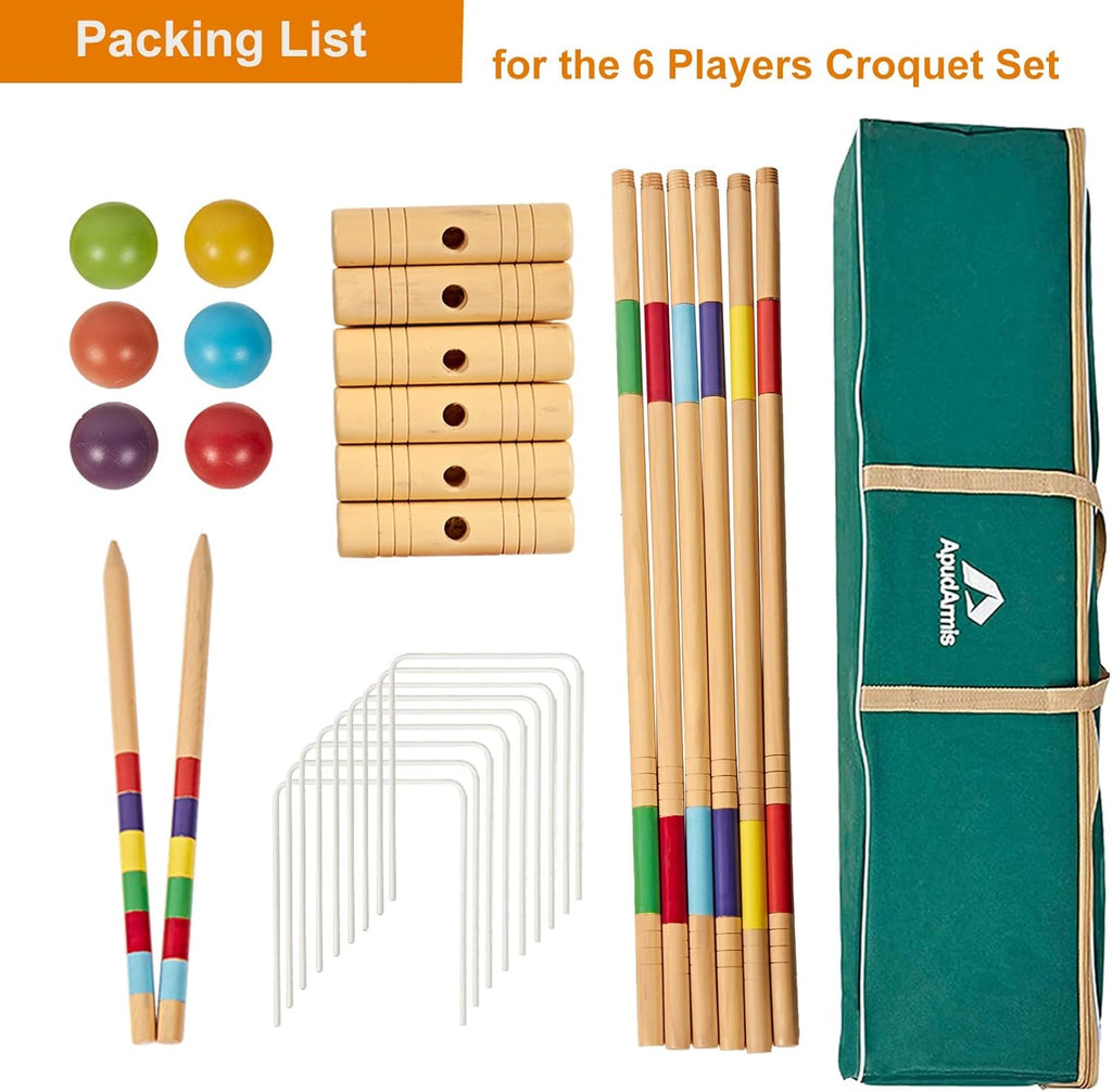 35In Six Players Croquet Set with Pine Wooden Mallets, Colored Ball, Wickets, Stakes, Large Carry Bag D77328