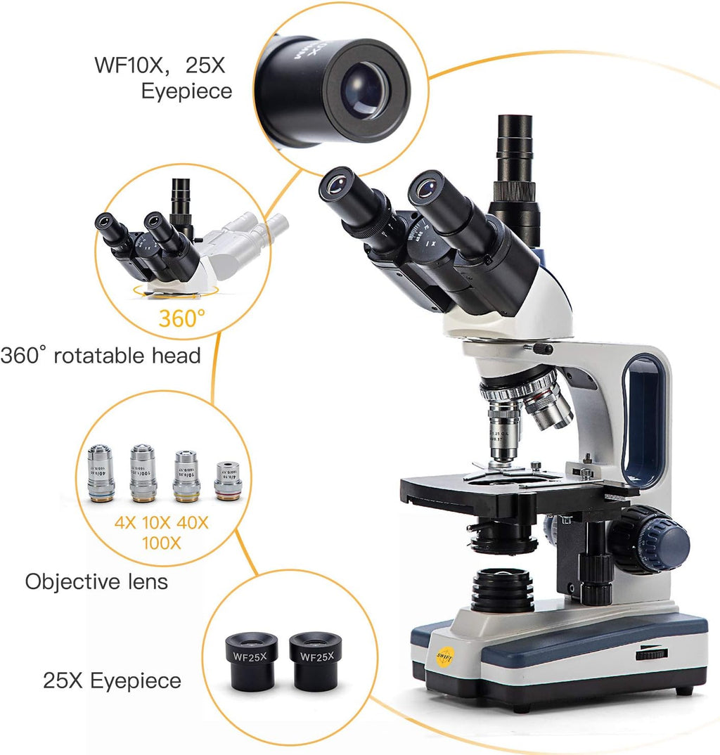 Trinocular Compound Microscope, 40X-2500X Magnification, Two-Layer Mechanical Stage M96650