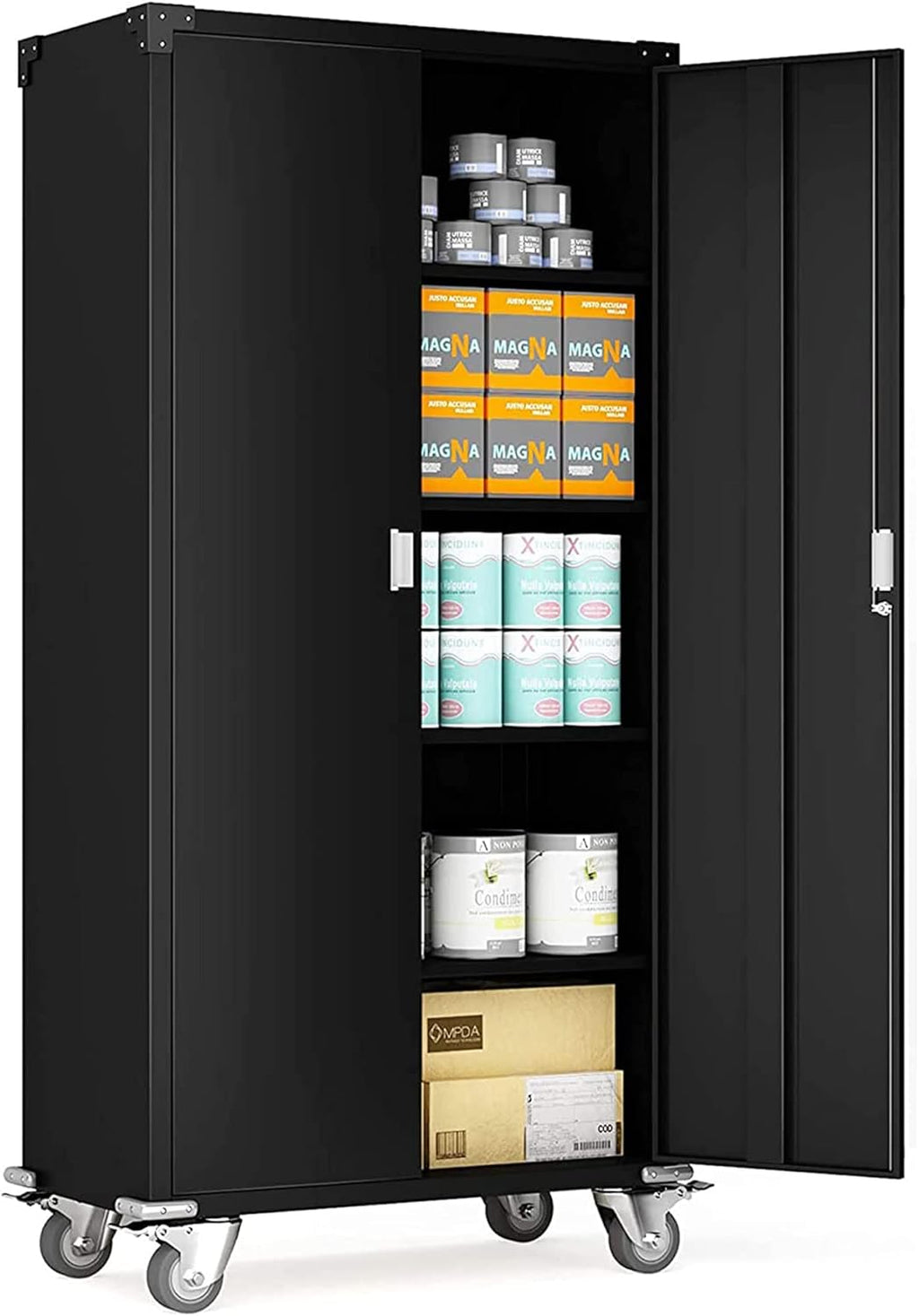 Black Metal Storage Cabinet with Wheels, 72 Inches I9021
