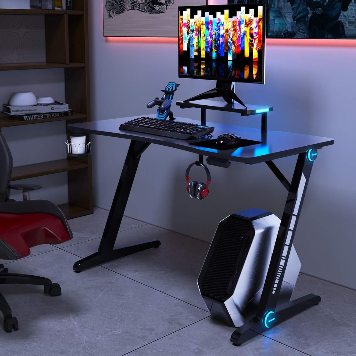 Z-Shaped Gaming Desk with Monitor Stand & Carbon Fiber Surface A989528