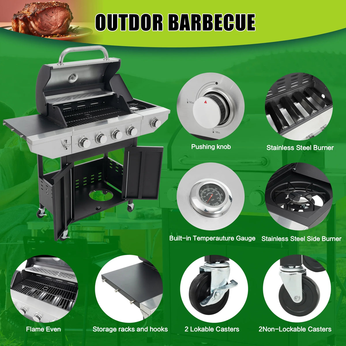 Liquid Propane Gas Grill BBQ Gas Oven with Side Burner W478076