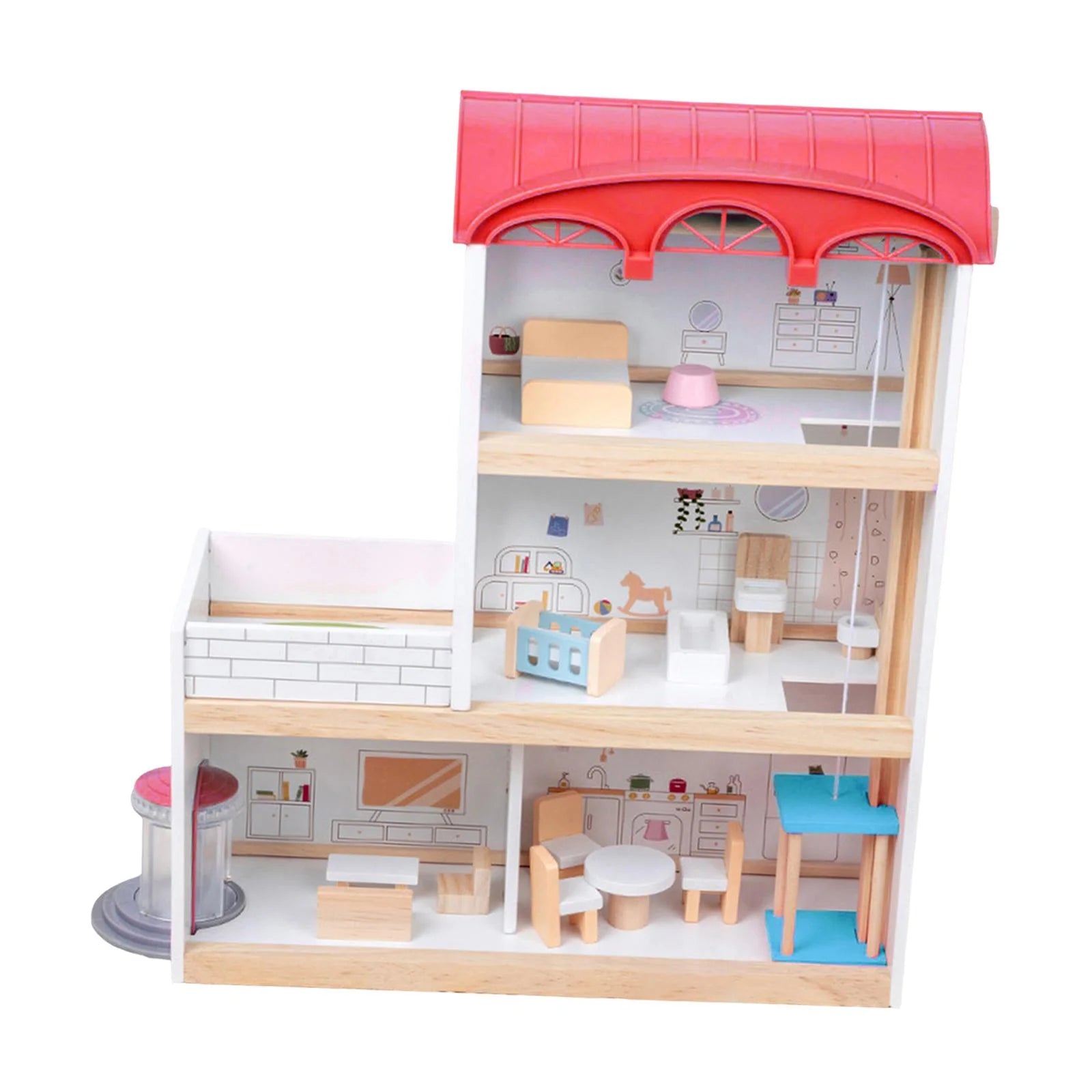 Red Wooden Dollhouse with Revolving Doors N995975