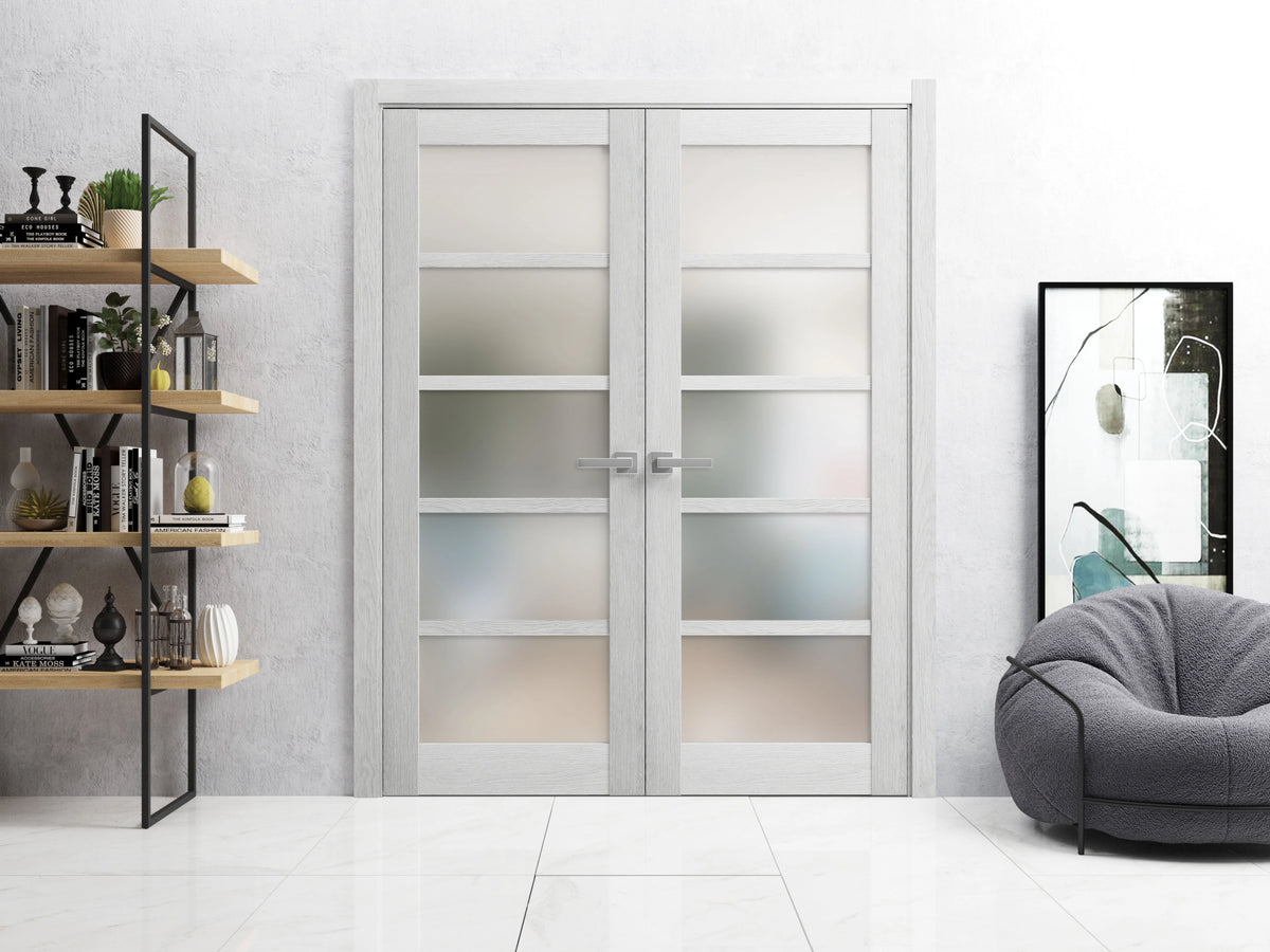 Solid French Double Doors 36 x 80 inches Light Grey Oak with Frosted Glass Wood Solid Panel Frame Trims I84213