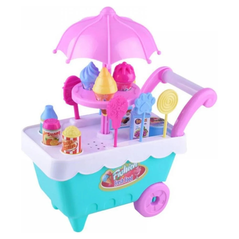 16 Piece Ice Cream Cart Toy Set with Umbrella Food Dishes X46709