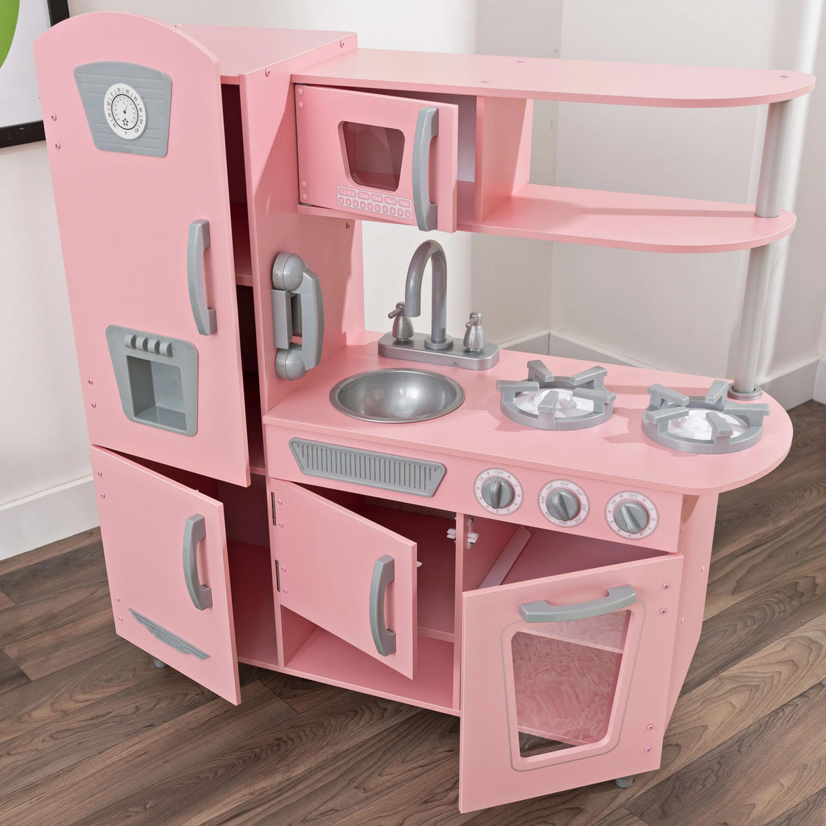 Pink Wooden Play Kitchen with Pretend Ice Maker and Play Phone J86006
