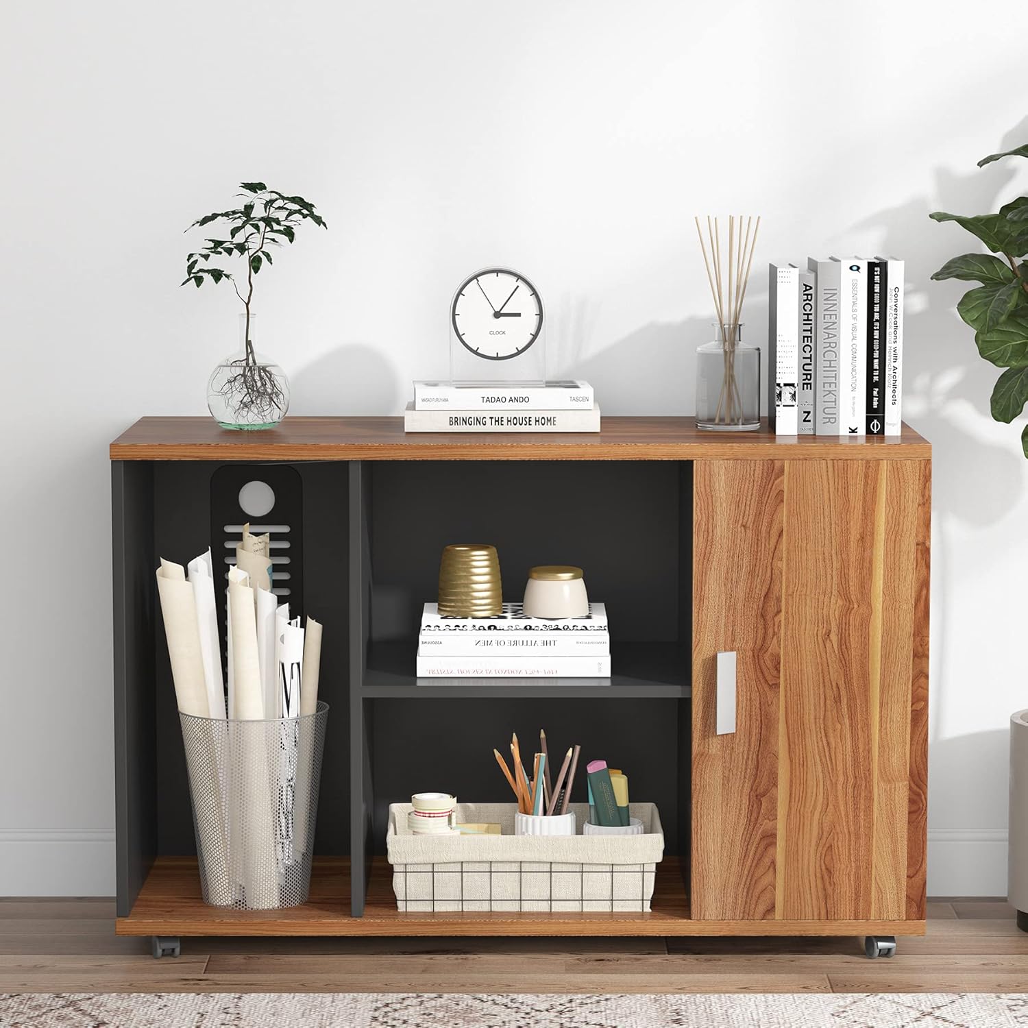 Dark Walnut Steel Gray L Shaped Desk with Storage Shelves and File Cabinet X432