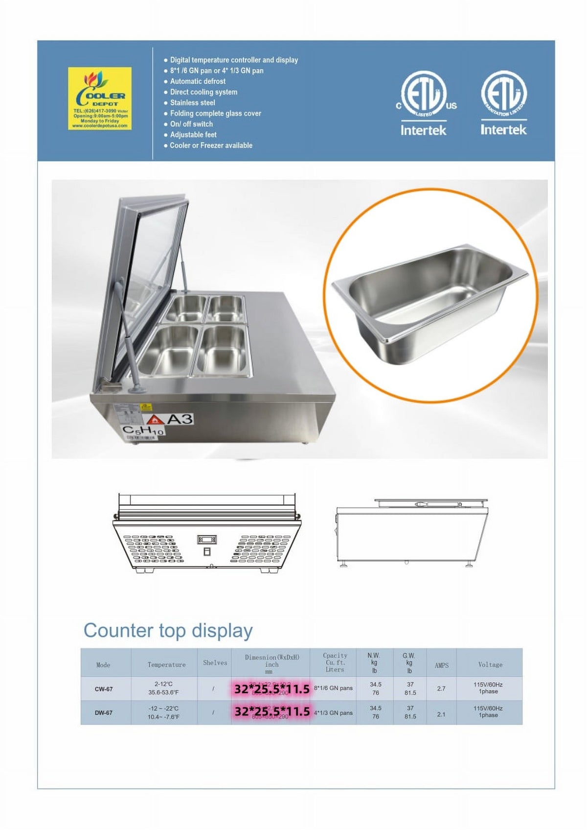 32 in. Commercial 4 Pan Countertop Gelato Ice Cream Display Case Q16740