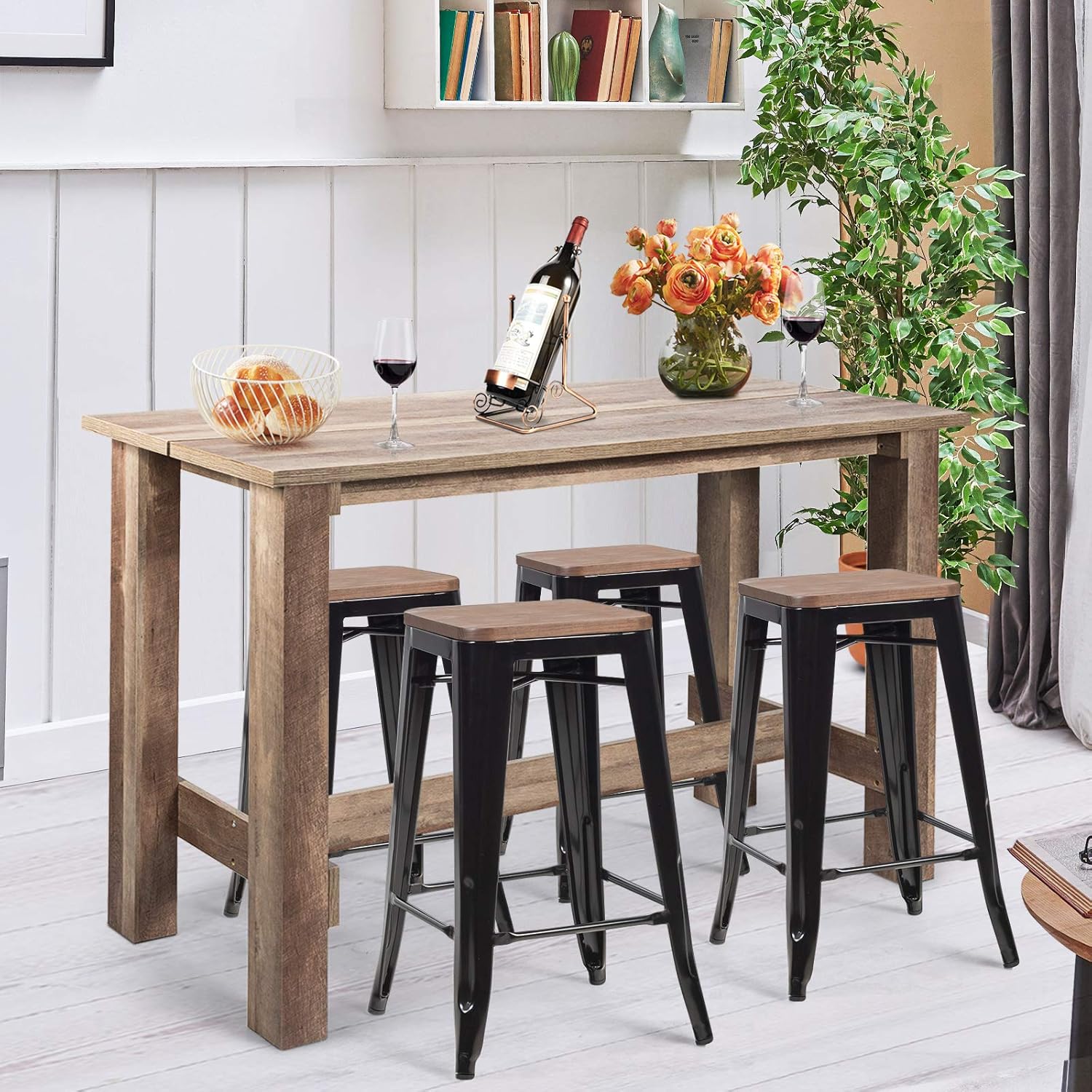 5 Pcs Industrial Counter Height Dining Table Set with 4 Metal Backless Barstools H85585
