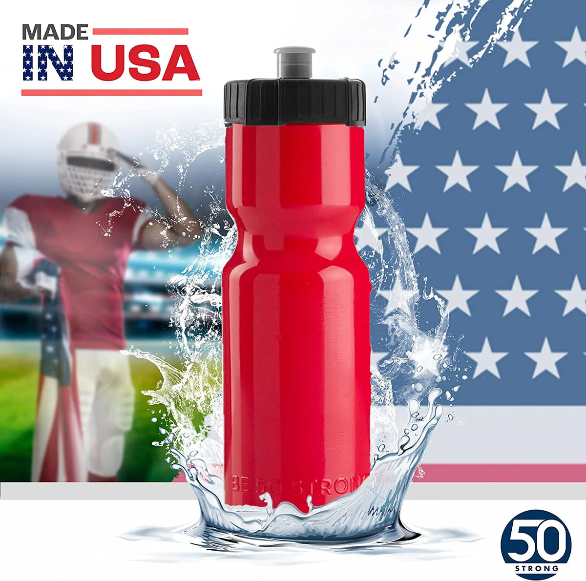 50 Strong Bulk Red Water Bottles, 24 Pack Sports Bottle, 22 oz. BPA-Free Easy Open with Pull Top Cap, Made in USA, Reusable Plastic Water Bottles for Adults & Kids, Top Rack Dishwasher Safe T1722