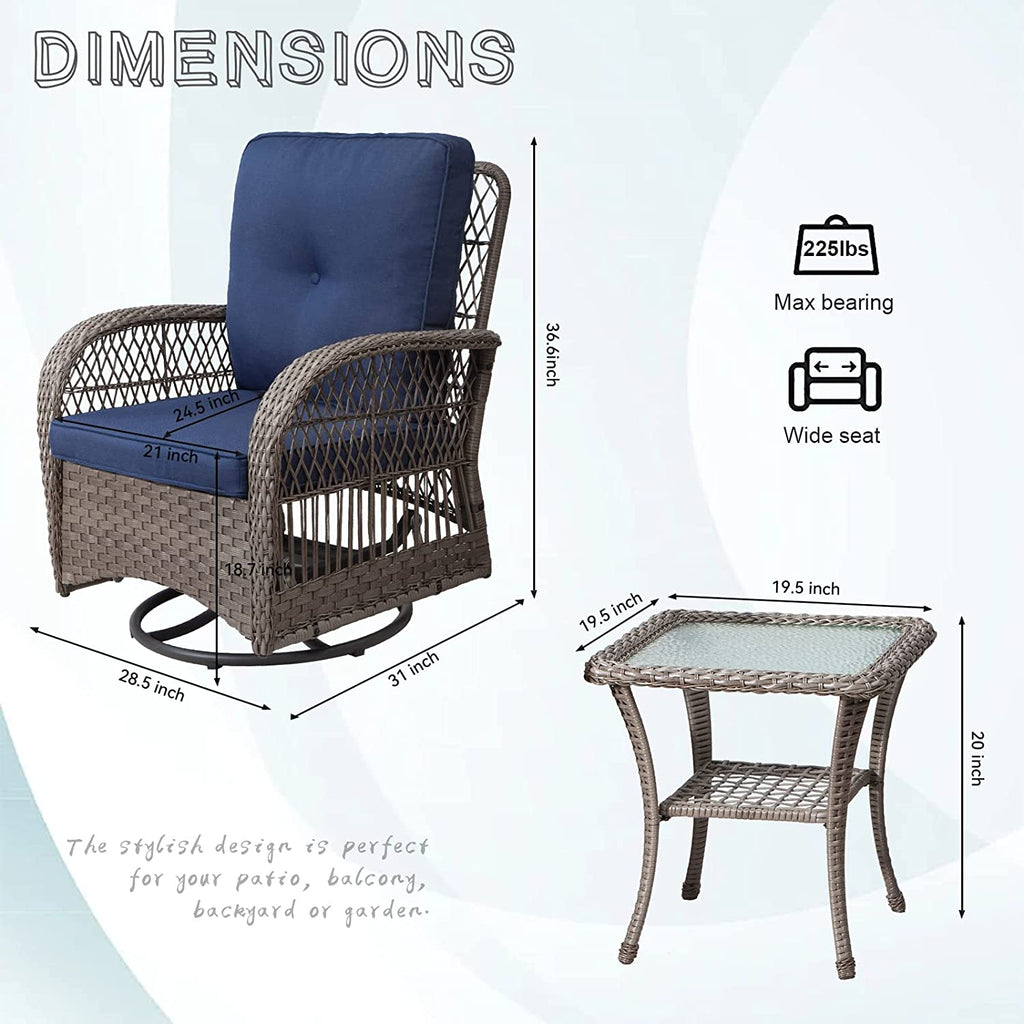 3 Piece Wicker Patio Bistro Set with Fabric Cushions L730