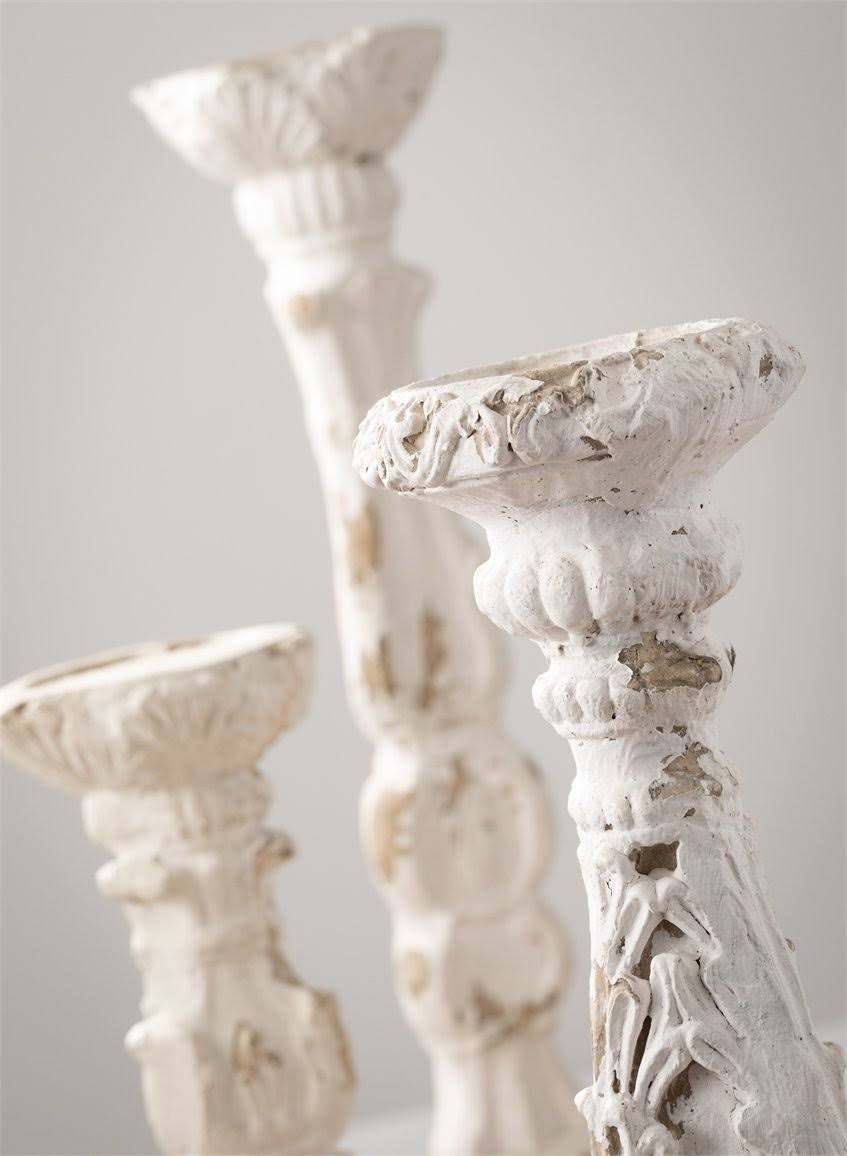 Worn White Pillar Candlesticks, Set of 3 C954
