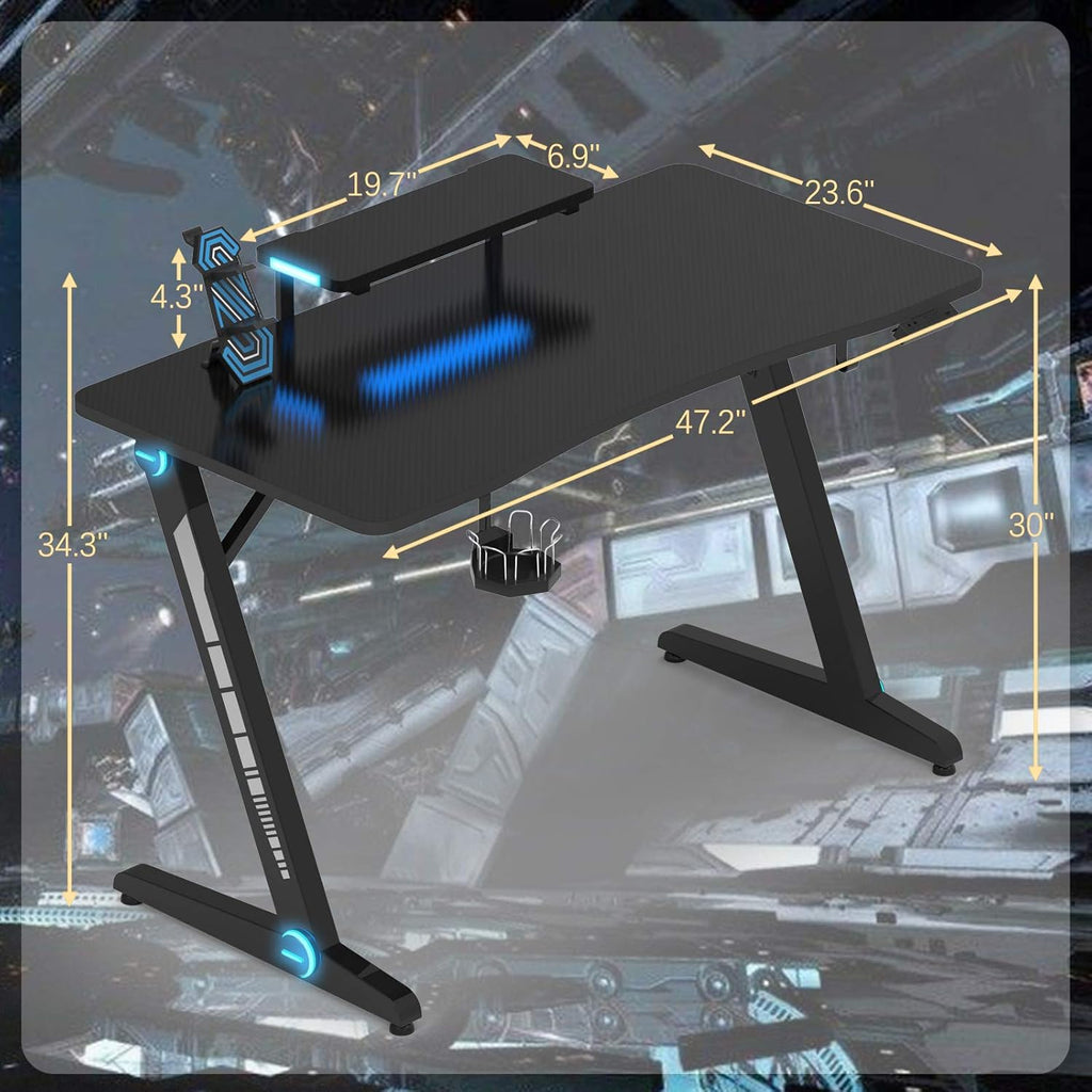 Z-Shaped Gaming Desk with Monitor Stand & Carbon Fiber Surface A989528