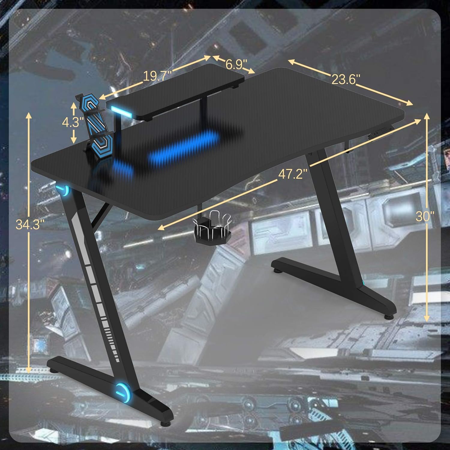 Z-Shaped Gaming Desk with Monitor Stand & Carbon Fiber Surface A989528