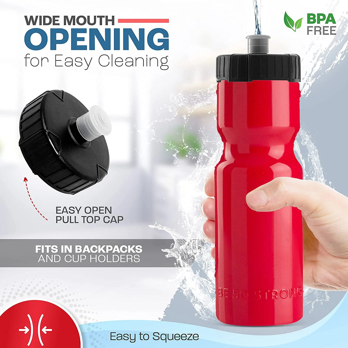 50 Strong Bulk Red Water Bottles, 24 Pack Sports Bottle, 22 oz. BPA-Free Easy Open with Pull Top Cap, Made in USA, Reusable Plastic Water Bottles for Adults & Kids, Top Rack Dishwasher Safe T1722