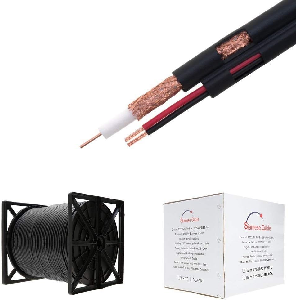 250FT Black Bulk Siamese RG59/U Cable, 20AWG + 18/2AWG, 95% Shielding, CCTV Video Wire Pack of 2 Z1590