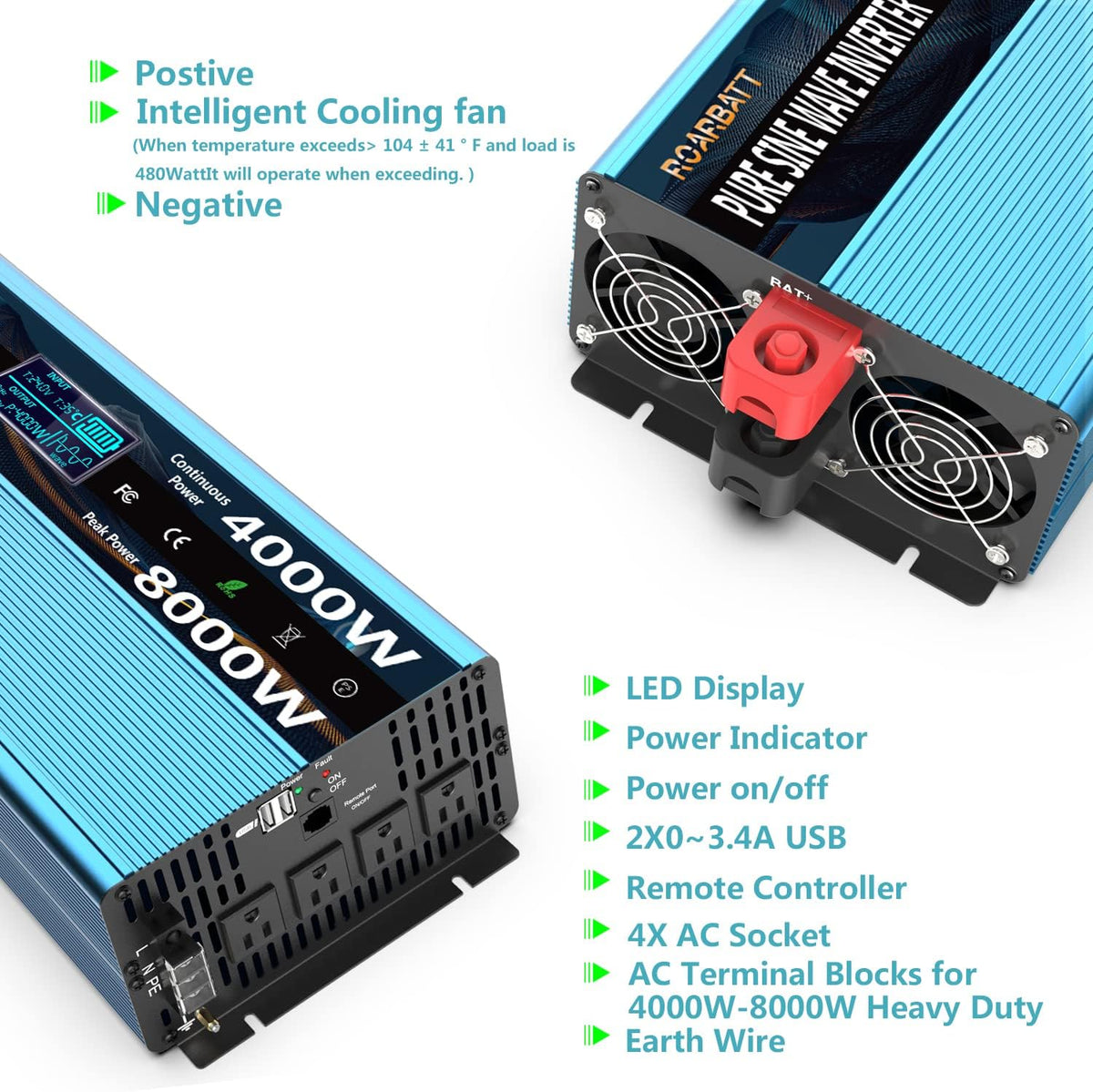 4000Watt 12V DC to AC 110V 120V Power Inverter with Remote Control 4 AC Outlets Dual USB Port R4547