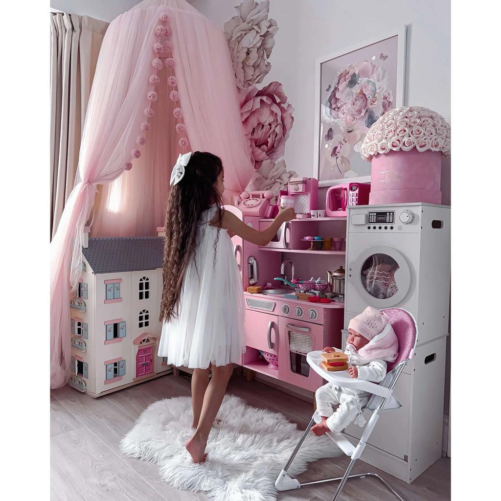 Pink Wooden Play Kitchen with Pretend Ice Maker and Play Phone J86006