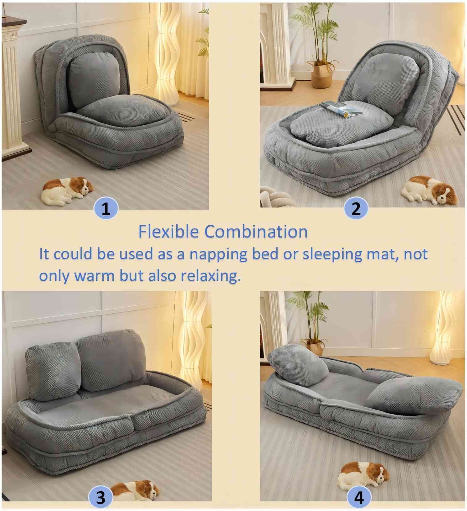 Gray foldable lazy sofa floor chair, 5-seater adjustable backrest recliner V544