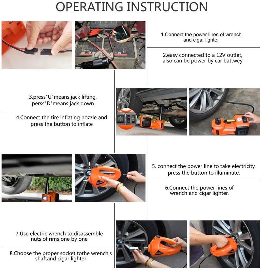 12V DC Electric Hydraulic Floor Jack and Tire Inflator Pump and LED Flashlight 3 in 1 Set with Electric Impact Wrench Car Repair Tool Kit L674801