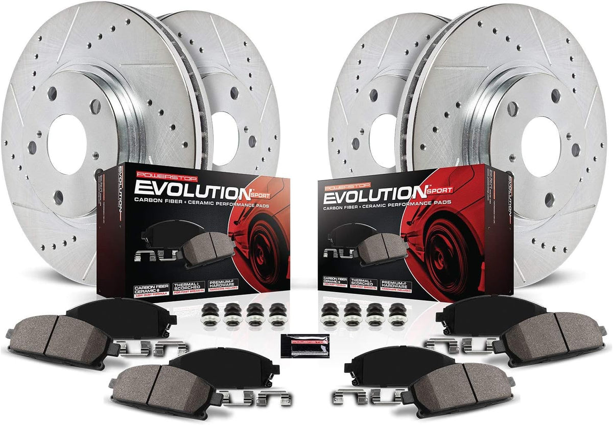 Front and Rear Carbon Fiber Brake Pads with Drilled & Slotted Brake Rotors Kit D938780