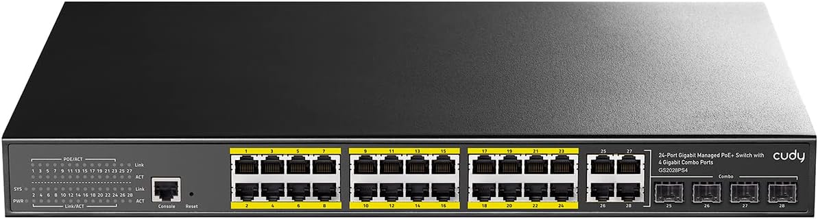 28 Port Gigabit L2 Managed PoE+ Switch 300W, 24 x PoE+ Port, 4 GbE / SFP Combo Ports, 1 Console Port, 300 Watts PoE budget, 802.3 af at, VLAN, QoS, IGMP, Desktop, 1U 19 inch Rack Mount R29982