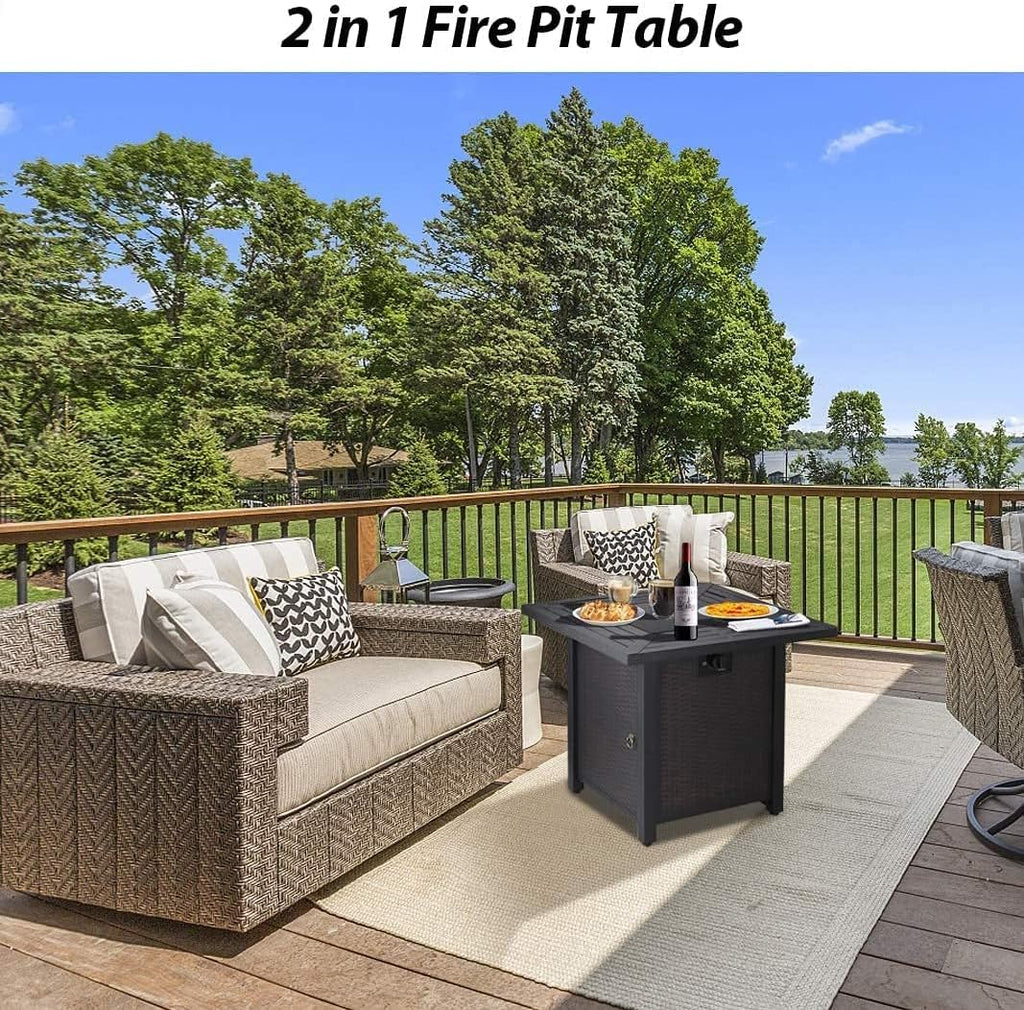 28 Inch 50,000 BTU Square Propane Fire Pit Table with Lid and Lava Stone N114