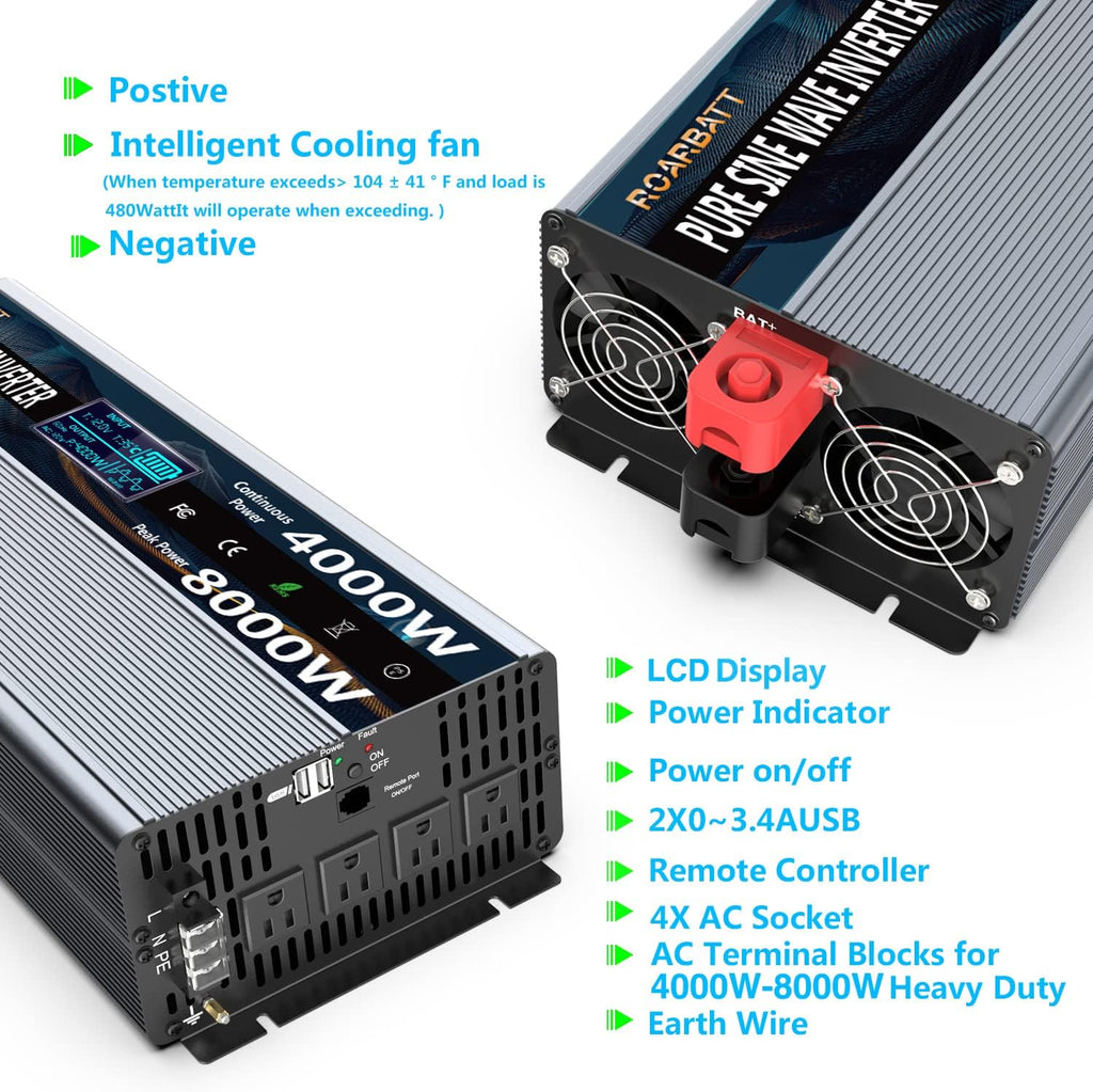4000Watt 12V DC to AC 110V 120V Power Inverter with Remote Control 4 AC Outlets Dual USB Port R4547
