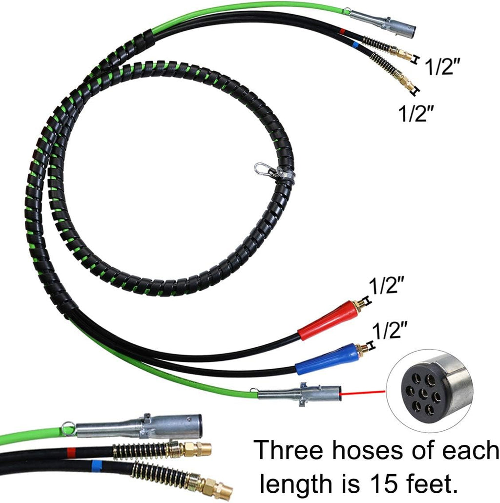 15Ft 3 in 1 ABS 7 Way Electrical Cable and Rubber Air Line Hose Wrap Assembly with Aluminum Service Emergency Glad Hands and Extension Handles for Semi Truck Trailer Tractor S53940