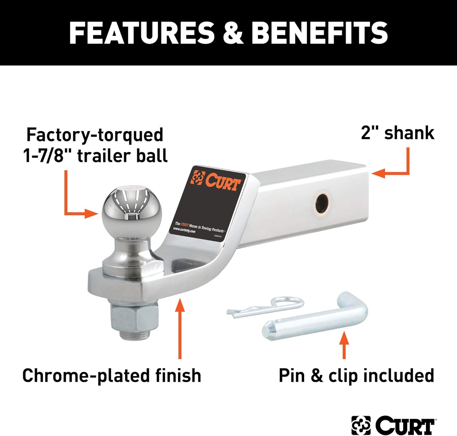 Chrome Trailer Hitch Mount with 1-7/8-Inch Ball & Pin, Fits 2-Inch Receiver, 7,500 lbs, 2-In Drop, Pack of 2 E147609