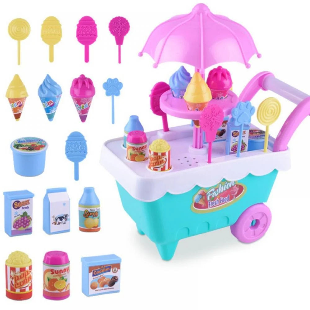16 Piece Ice Cream Cart Toy Set with Umbrella Food Dishes X46709