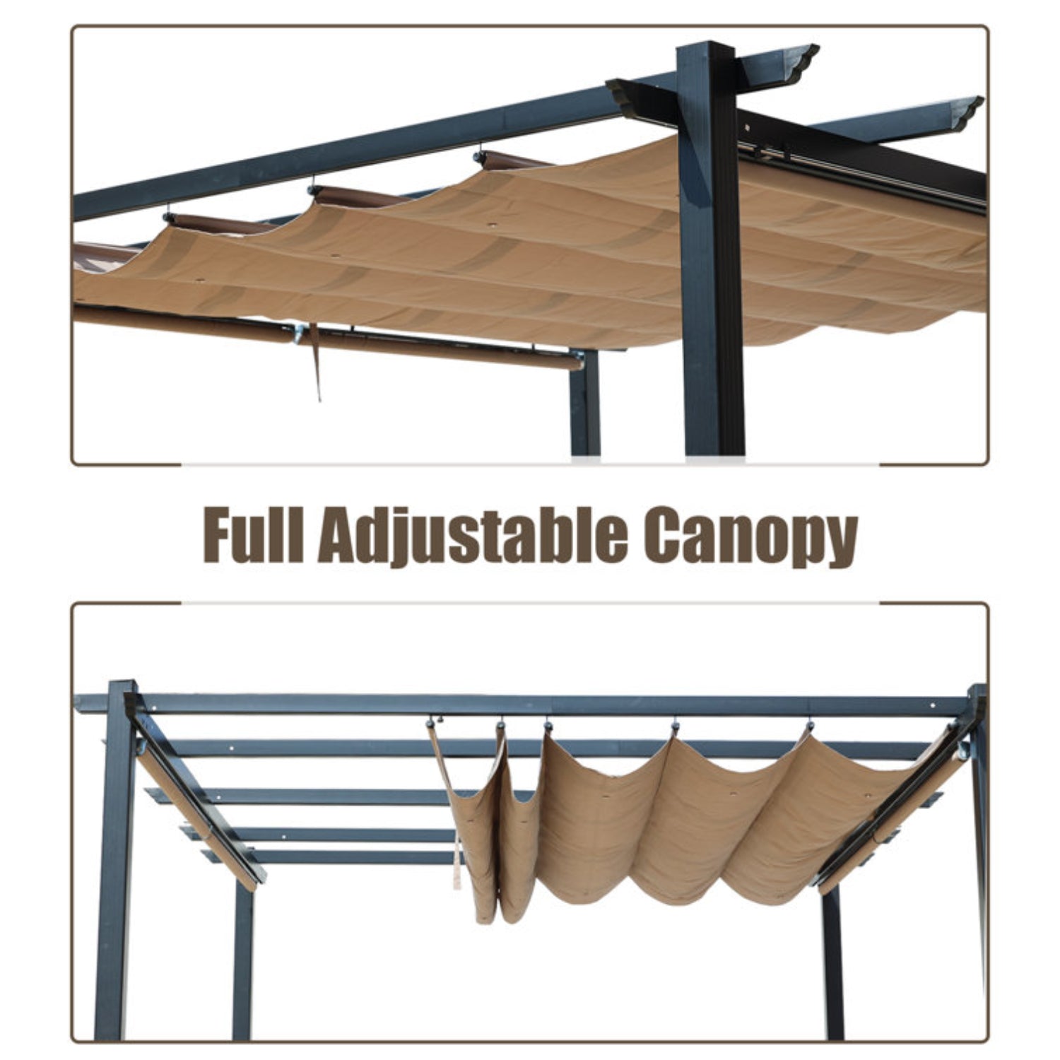 12 x 10 ft Outdoor Pergola with Retractable Shade Canopy, Dark Gray Matte Aluminum Frame, 4 Pieces Roller Shade Curtain B4081