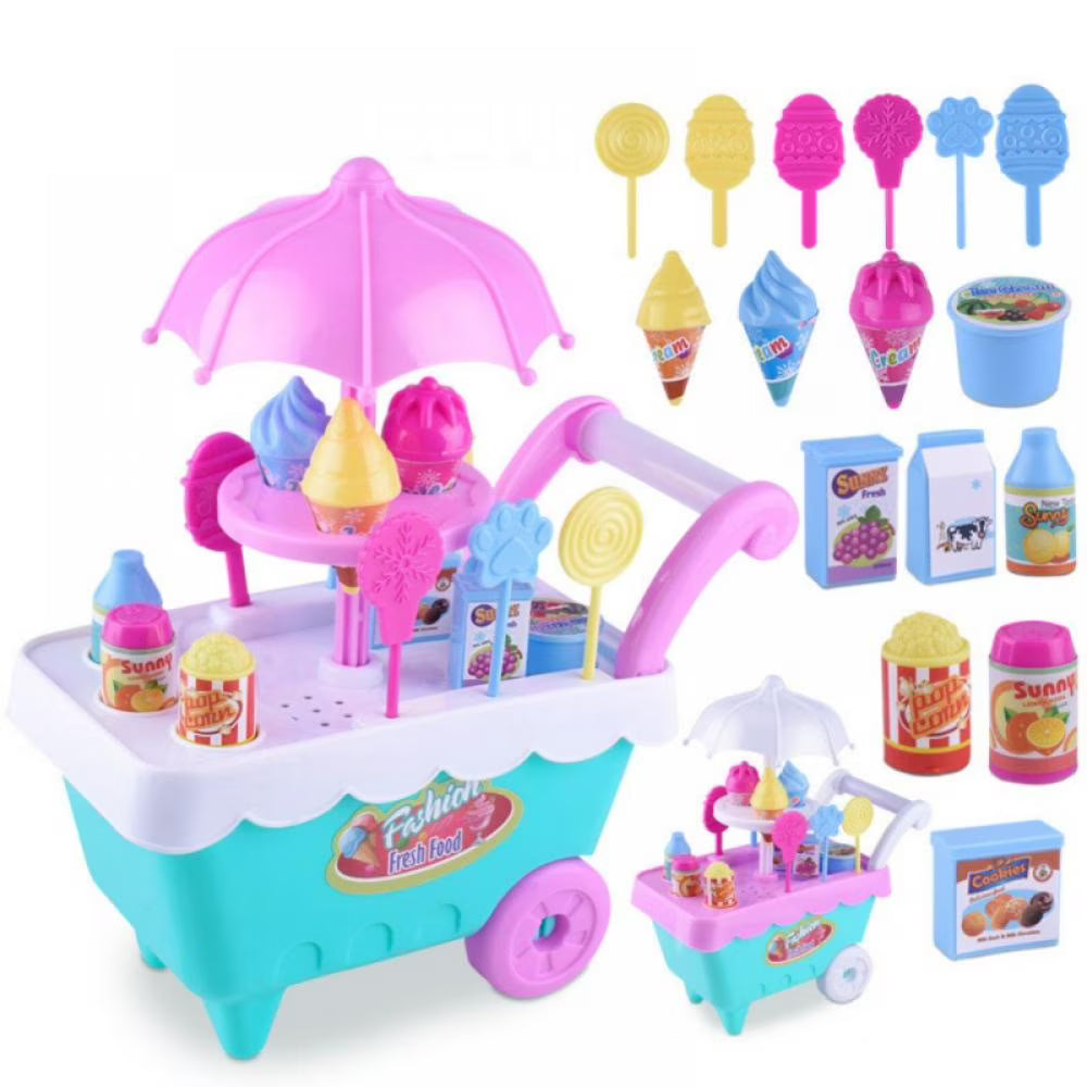16 Piece Ice Cream Cart Toy Set with Umbrella Food Dishes X46709